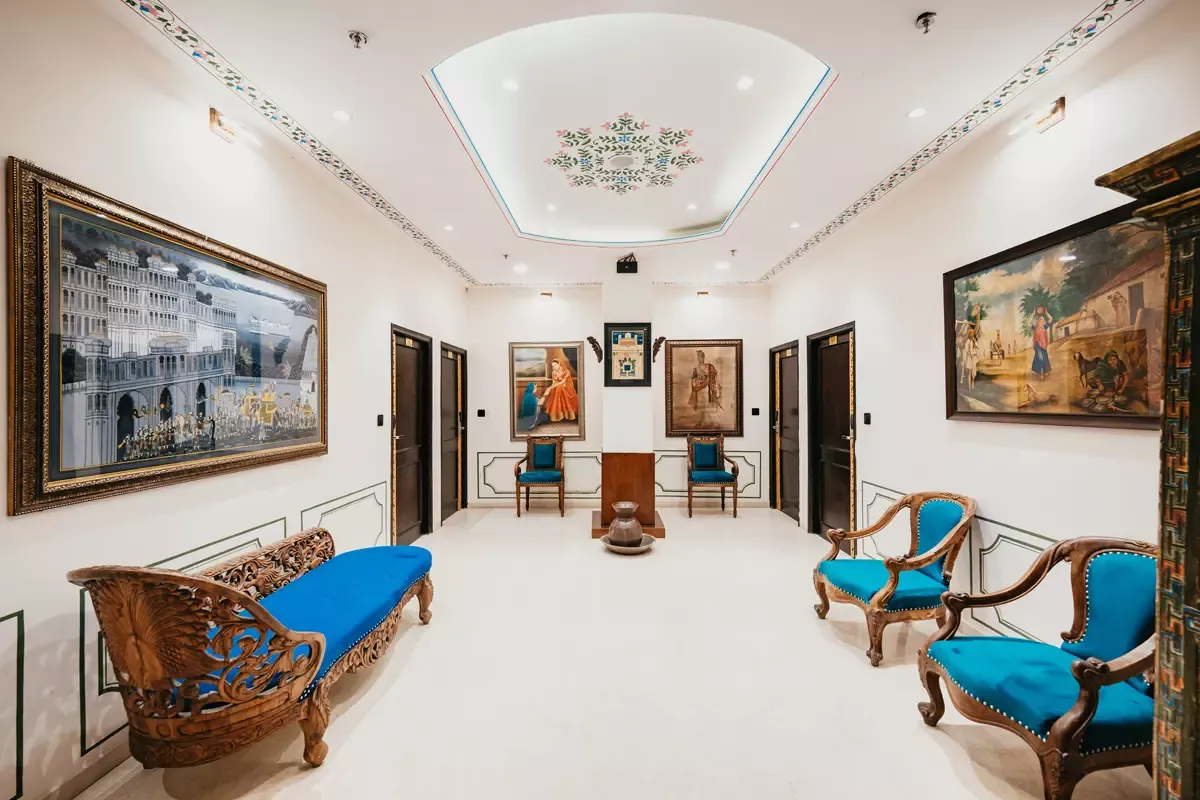 Lobby with antique chairs and Mewar paintings